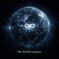 The image features a large, blue planet with white stars scattered across its surface. The planet appears to be floating in space, surrounded by an array of stars. In the center of this celestial scene, there's a glowing, infinite symbol that stands out prominently against the dark backdrop. This symbol is associated with the term "The World Computer", which is likely a reference to a popular video game series or a futuristic concept. The post also mentions that the winner of an online vote was chosen as the future of computing.