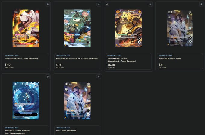 A dark-themed NFT marketplace page displaying "UNGRADED CARD" listings including "Zora Alternate Art", "Benkai The By Alternate Art", and "Stone Masked Ancient" with prices ranging from $31 to $150.