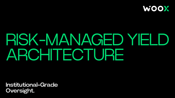 The image features a black background with white text that reads "Risk-managed Yield Architecture" followed by a green arrow pointing towards the bottom right corner of the image, which says "wooxpro.com/earn". The title of the post is "Institutional-Grade Earnings Risk Model", and it appears to be an advertisement for Woox's risk-managed yield architecture service.