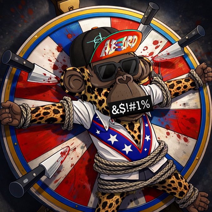A cartoon illustration of a leopard-headed character wearing sunglasses, a star-spangled outfit, and a hat labeled 'WEIRD', tied up with ropes on a blood-splattered target board with a censored mouth reading '&$!#!%'.