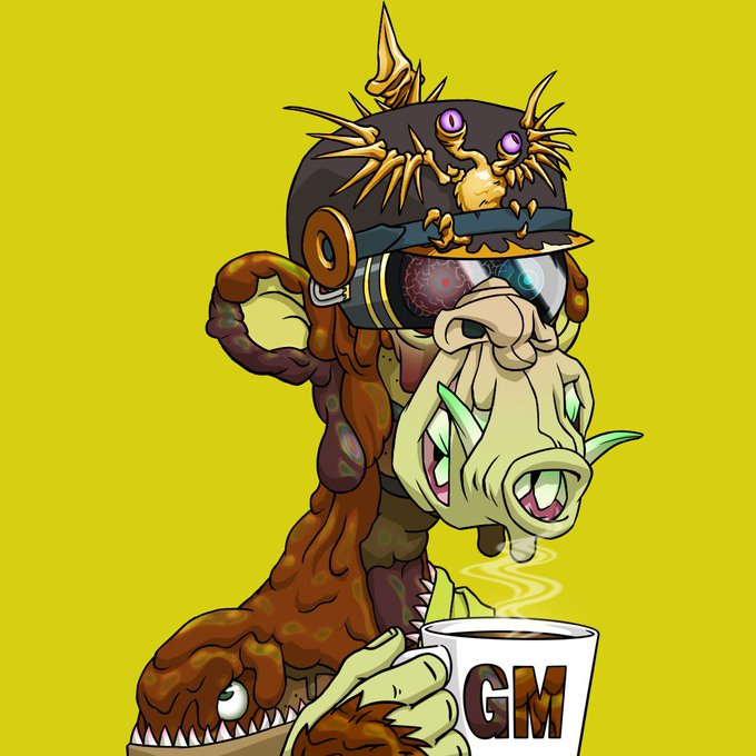 A cartoon illustration of a grotesque zombie-like character wearing a helmet with a crab on top, holding a mug labeled 'GM' against a yellow background.