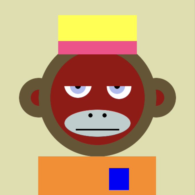 A simple 2D cartoon illustration of a bored-looking brown monkey wearing a yellow and pink hat and an orange shirt with a blue square pocket.