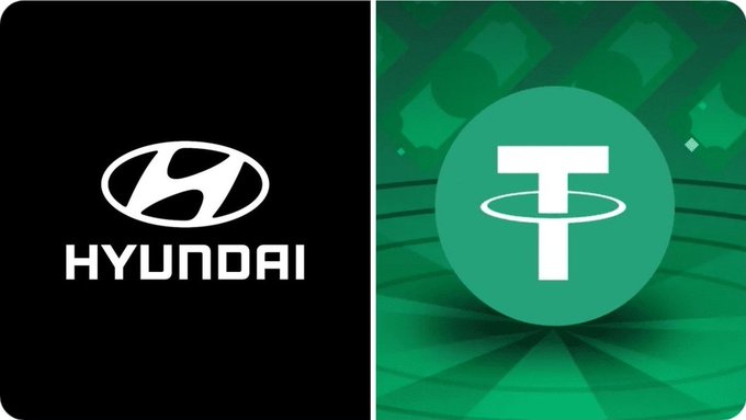 The image displays the Hyundai logo on a black background alongside the Tether (USDT) logo in green. This visual pairing illustrates Hyundai's completion of the first cross-border payment test using Tether's USDT stablecoin, as referenced in the accompanying post.