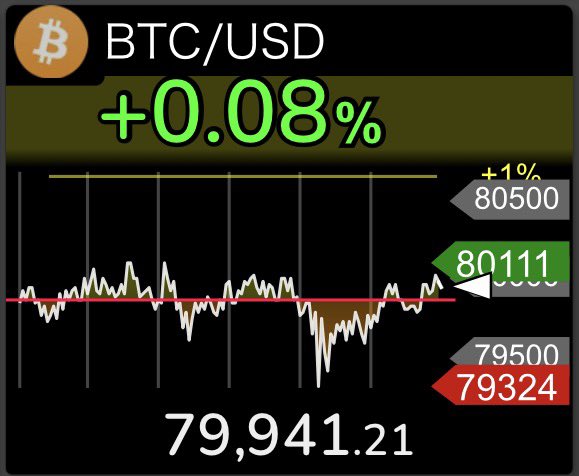 A financial chart widget displays 'BTC/USD' with a current value of '79,941.21', a percentage change of '+0.08%', and a price range showing '80500' at '+1%' and '79324' at the low.