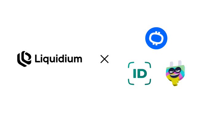 Collaboration graphic showing Liquidium logo alongside digital identity icons including a blue symbol, an ID scanner, and a colorful character.