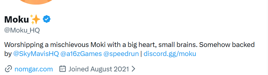 The image shows a Twitter profile for "Moku" (@Moku_HQ), described as worshipping a mischievous Moki with a big heart and small brains, backed by Sky Mavis, a16z Games, and Speedrun. While the accompanying post discusses the $SCHIFFY token and its $7.3M market cap, the image itself appears unrelated, showing instead a verified gaming/NFT project profile joined in August 2021.
