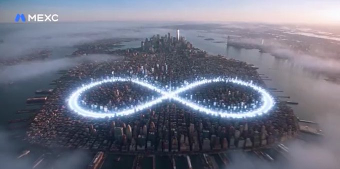 An aerial promotional image from MEXC showing a city surrounded by glowing blue infinity (∞) symbols in the sky above the urban landscape.