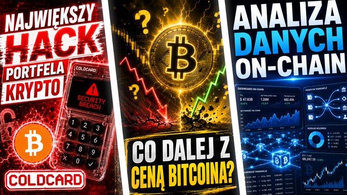 A thumbnail composed of three vertical panels about crypto, featuring 'NAJWIĘKSZY HACK PORTFELA KRYPTO COLDCARD' with a Coldcard hardware wallet, a Bitcoin coin with charts asking 'CO DALEJ Z CENĄ BITCOINA?', and 'ANALIZA DANYCH ON-CHAIN' displaying data dashboards.