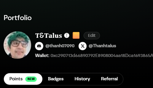 A portfolio page showing the profile 'T&T Talus' with a wallet address starting '0xc290713d66890792E8908004aa18Dca1693865A', featuring navigation tabs for Points, Badges, History, and Referral.
