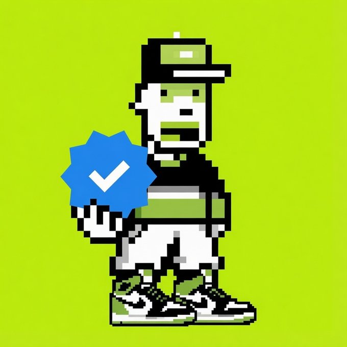 Pixel art style illustration of a character in green and black streetwear holding a blue badge with a white checkmark, set against a bright green background.