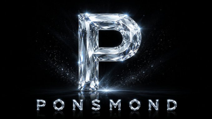 A stylized 3D rendering of a diamond-encrusted letter "P" with the text "PONSMOND" displayed below it against a black background.