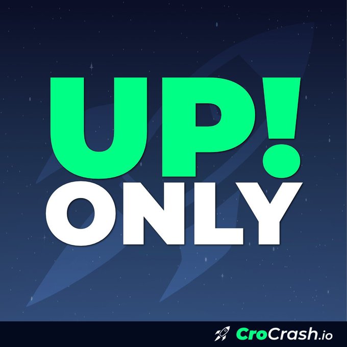 A promotional graphic with bold text reading 'UP! ONLY' in green and white against a dark starry background, branded with the CroCrash.io logo.
