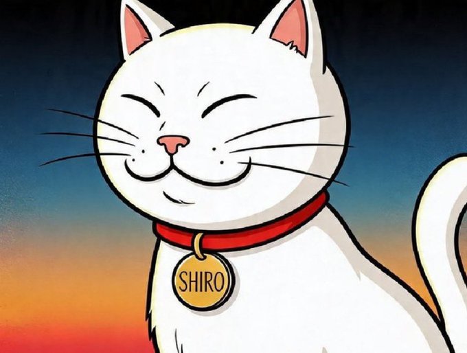 An illustration of a smiling white cat with a red collar and a golden tag reading 'SHIRO' against a sunset background.