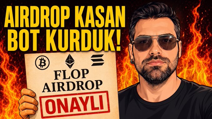 A YouTube-style thumbnail showing a man with sunglasses holding a sign reading 'FLOP AIRDROP ONAYLI' with crypto symbols, titled 'AIRDROP KASAN BOT KURDUK!'