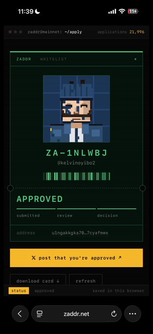 A phone screen displays a Zaddr "WHITELIST" approval card on the zaddr.net site, showing the ID ZA-1NLWBJ (@kelvinoyibo2) marked as "APPROVED" with the address u1ngakkgka7O..7cyafmwx—visually reinforcing the celebratory "Okayyyyyy" post about gaining whitelist approval.