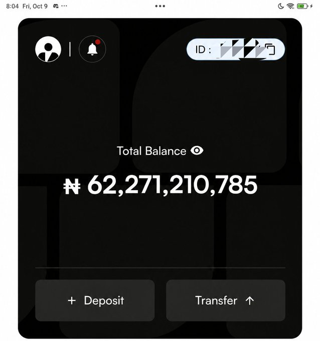 A smartphone screenshot displays a dark-themed banking app interface showing a 'Total Balance' of '₩ 62,271,210,785' with 'Deposit' and 'Transfer' buttons visible.