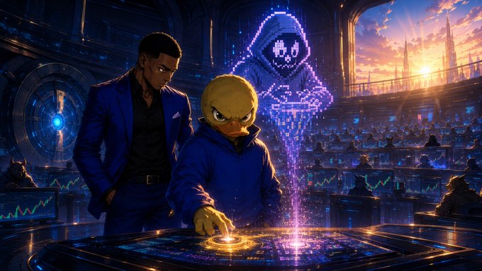 A digital illustration of a man in a blue suit and a yellow-masked character in a hoodie analyzing a holographic figure over a glowing console in a futuristic trading floor setting.