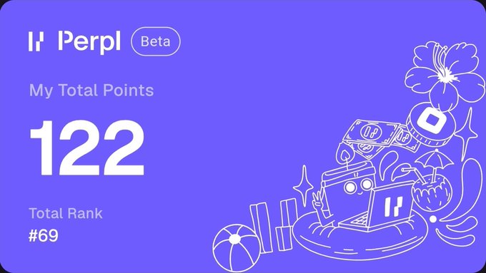 A Perpl Beta dashboard card displays "My Total Points: 122" with a "Total Rank of #69," accompanied by whimsical line-art illustrations. The image illustrates the user's accumulated points on the Perpl platform, directly answering the post's question about the value of their 122 points.