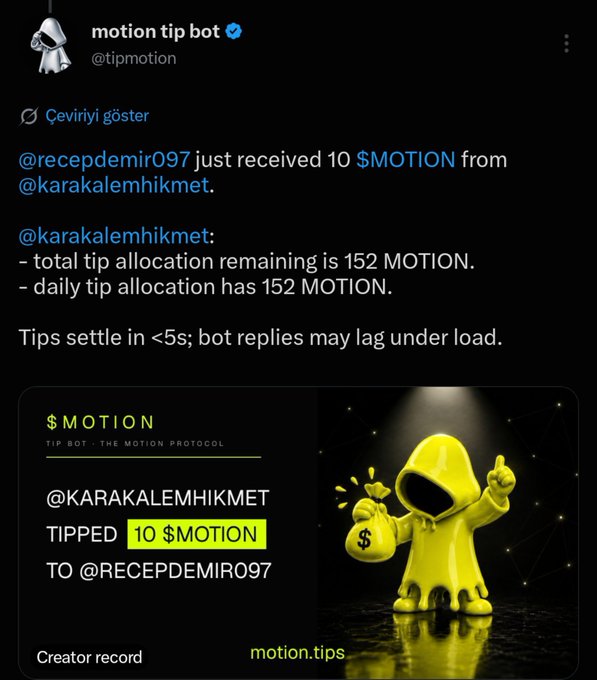 A Twitter/X post from @tipmotion showing a transaction receipt where @karakalemhikmet tipped 10 $MOTION to @recepdemir097, with a 3D yellow hooded character mascot holding a money bag.