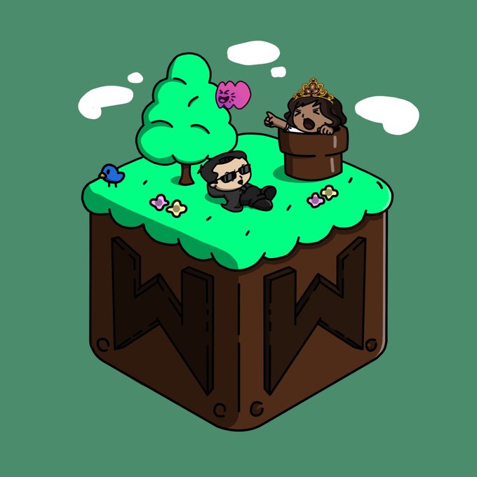 A cute isometric illustration shows a tiny grassy world floating in space, featuring two characters—a sunglasses-wearing figure lounging under a tree and a crowned character peeking out of a brown pot—accompanied by a pink heart spirit, playful flowers, and a small blue bird, perfectly matching the "Good Morning Family" vibe of celebrating wins and happy moments together.