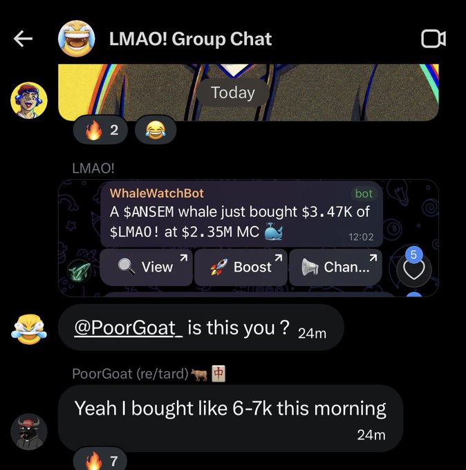 A Telegram group chat titled "LMAO! Group Chat" showing a WhaleWatchBot alert about a $ANSEM whale buying $3.47K of $LMAO at $2.35M MC, followed by a user named PoorGoat confirming they bought 6-7k that morning.