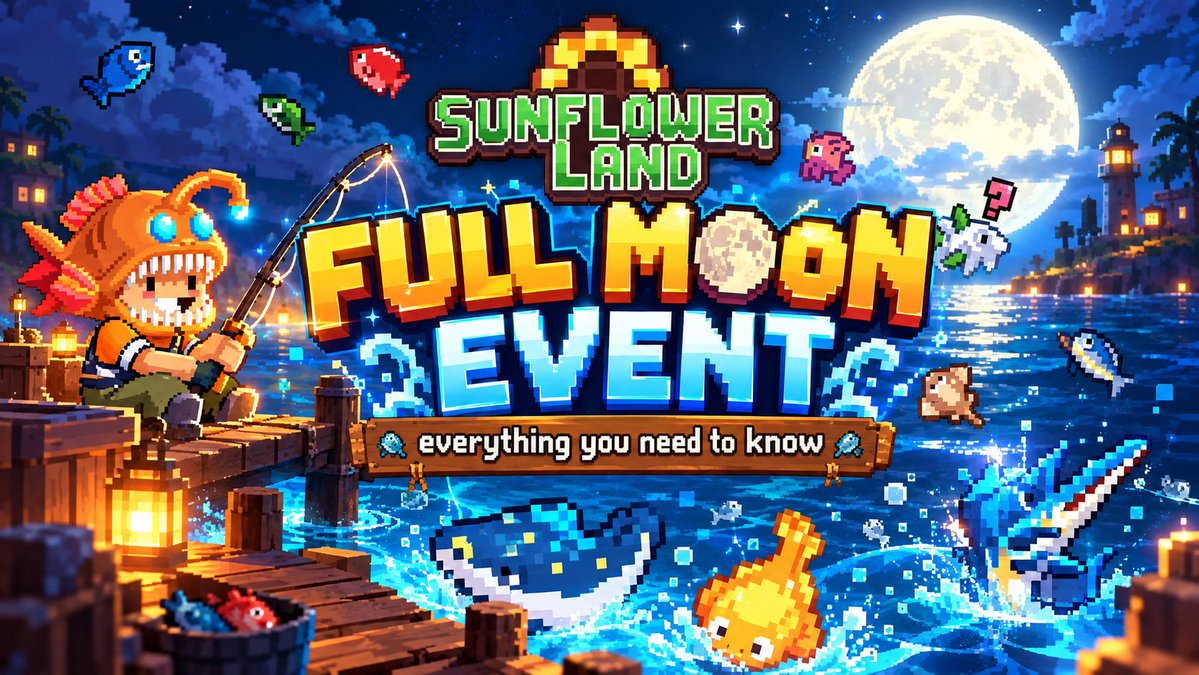 Promotional artwork for a 'Sunflower Land FULL MOON EVENT' featuring a pixel-art angler character fishing from a wooden dock at night, with text reading 'everything you need to know'.