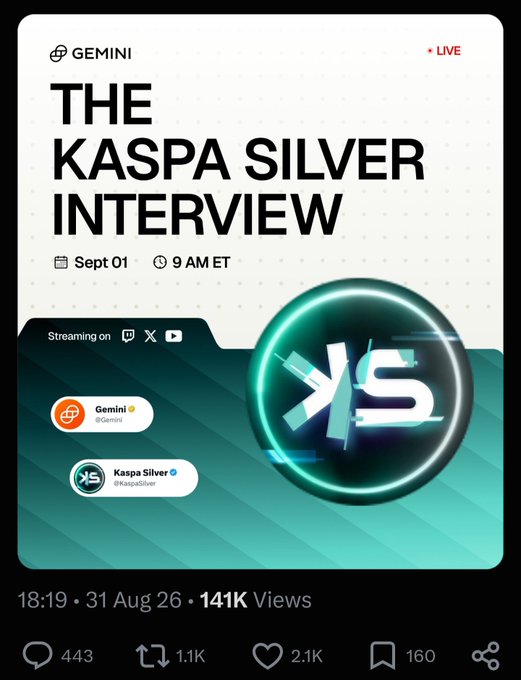 The image is a Twitter announcement from Gemini (@Gemini) promoting a "The Kaspa Silver Interview" live stream scheduled for September 1 at 9 AM ET, featuring both Gemini and Kaspa Silver (@KaspaSilver), with 141K views, 443 comments, 1.1K reposts, 2.1K likes, and 160 bookmarks—highlighting Kaspa's strong market interest.