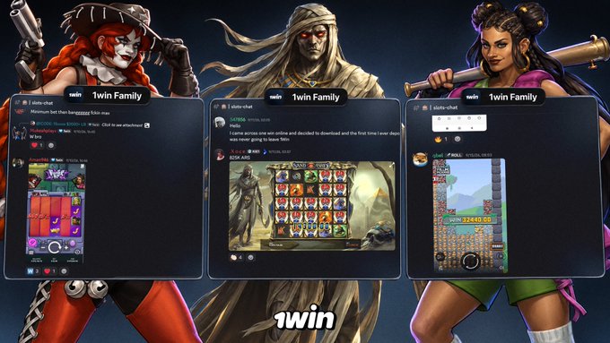 A promotional graphic for '1win Family' featuring three stylized characters: a woman in a pirate hat with a gun, a mummy-like figure, and a woman holding a bat. In front of them are screenshots of a '1win chat' interface displaying various online casino games.