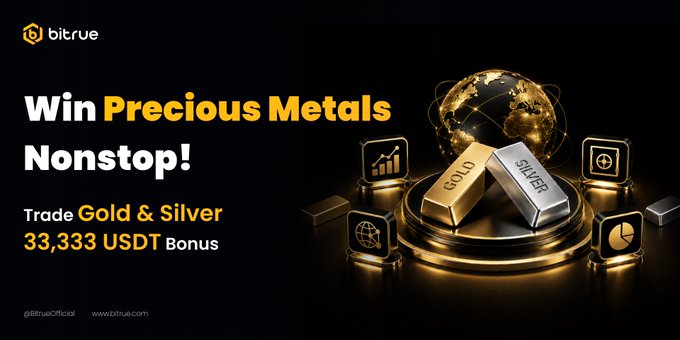A Bitrue promotional banner advertises a "Win Precious Metals Nonstop!" campaign, offering a 33,333 USDT bonus for trading Gold & Silver on BitrueFutures, featuring gold and silver bars displayed alongside a glowing globe. The image visually reinforces the post's call to compete for a share of the prize pool through precious metals trading.
