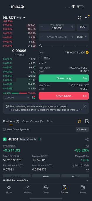The image shows a phone screen displaying a stock trading app with various stock symbols, including one for HUSDT (H cryptocurrency). The app also provides information about the current status of different stocks, such as open positions and their respective amounts.