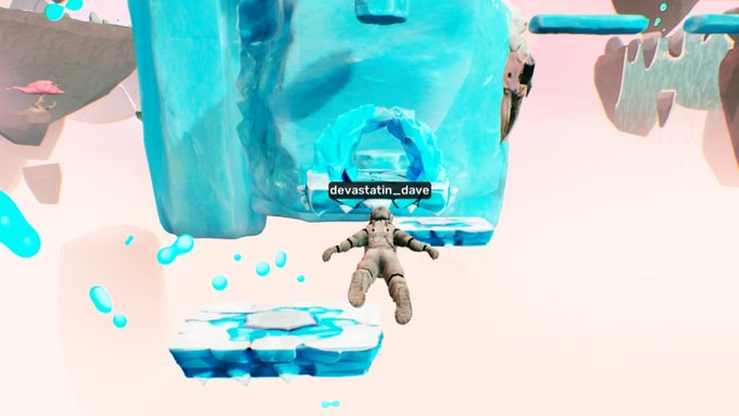 A screenshot from a video game showing a character labeled 'devastatin_dave' falling through a whimsical level with ice platforms and large blue ice structures in the background.