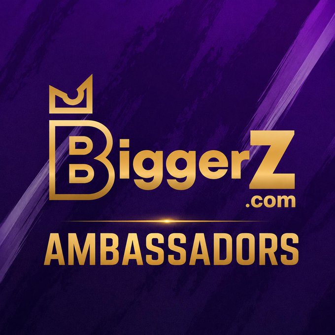 A purple promotional graphic with gold lettering displaying the logo 'BiggerZ.com' and the word 'AMBASSADORS' below it.