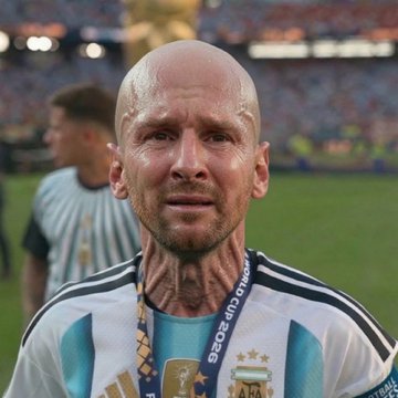 A bald soccer player wearing an Argentina national team jersey with a 2026 World Cup medal around his neck stands on the pitch.