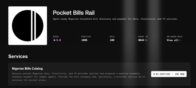 A digital listing for 'Pocket Bills Rail,' an 'Agent-ready Nigerian household bill discovery and payment' service, showing a 5.0 score, 100% positive feedback, and a service called 'Nigerian Bills Catalog.'
