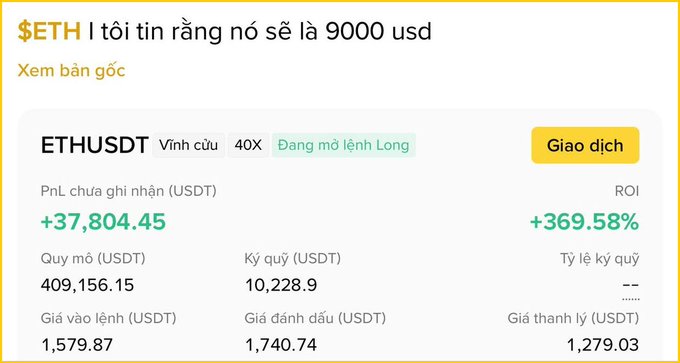 A screenshot of an ETHUSDT perpetual long position with 40X leverage showing an unrealized profit of +$37,804.45 (+369.58% ROI) on a position size of 409,156.15 USDT, entered at $1,579.87 and currently valued at $1,740.74, captioned with the trader's bold prediction that ETH will reach $9,000.