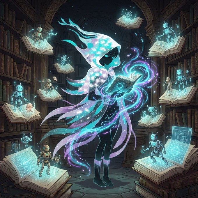 A vibrant fantasy illustration of a hooded, ethereal figure reading a glowing book in a library, surrounded by floating open books inhabited by small robots and glowing magical wisps.