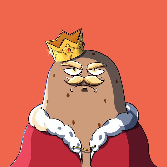 A cartoon illustration of a potato character wearing a gold crown with red gems, sporting a mustache and a red royal robe with white fur trim.