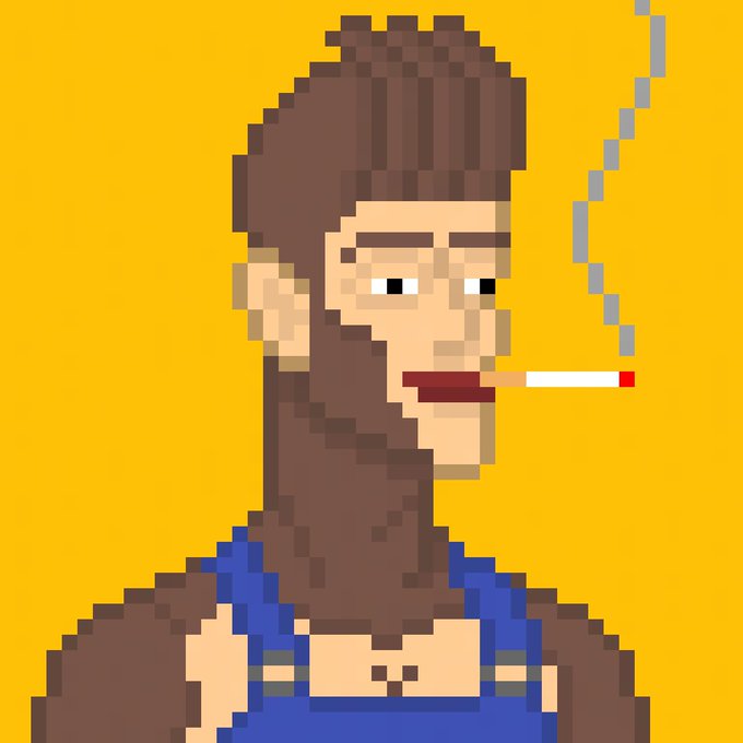 A pixel art portrait depicts a bearded person with a beanie smoking a cigarette, smoke curling upward against a solid yellow background.