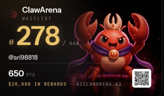 A ClawArena waitlist digital card showing rank '#278 / 446' for user '@ari98818' with '650 PTS', '$20,000 IN REWARDS', and a red crab-like mascot with a crown.