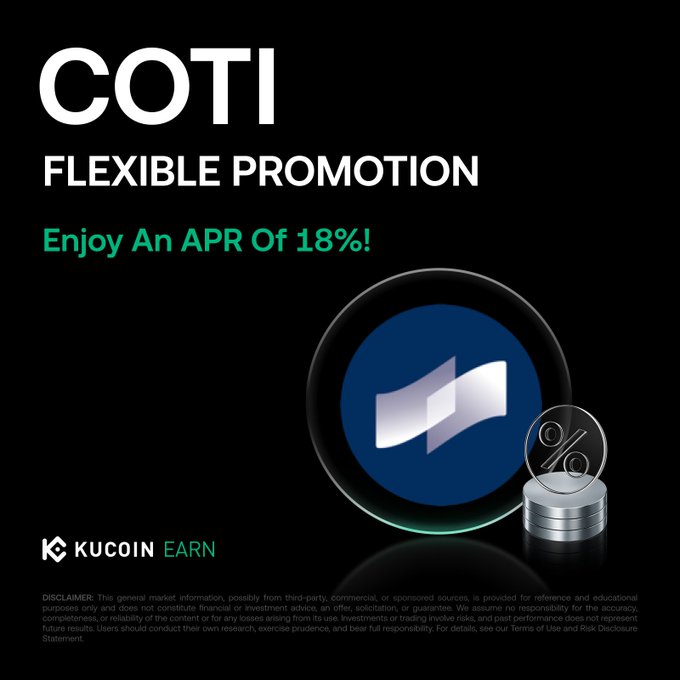 A promotional graphic for KuCoin Earn's COTI Flexible Promotion, featuring a black background with the COTI logo in a blue circular emblem alongside a percentage symbol on a coin stack, advertising an 18% APR flexible earning opportunity that matches the post's call to action to subscribe via the KuCoin announcement link.