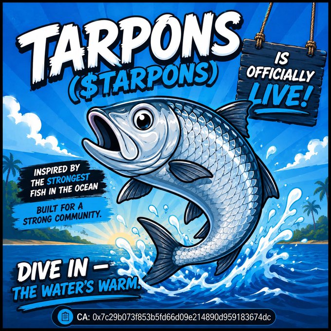 A vibrant blue promotional graphic announcing 'TARPONS ($TARPONS) IS OFFICIALLY LIVE!' with a cartoon tarpon fish leaping from water, noting it was 'INSPIRED BY THE STRONGEST FISH IN THE OCEAN' and 'BUILT FOR A STRONG COMMUNITY' with a contract address displayed.