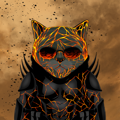 A stylized digital artwork of a cat with glowing red eyes and dark armor, its body crisscrossed with glowing orange, lava-like cracks against a dusty brown background.