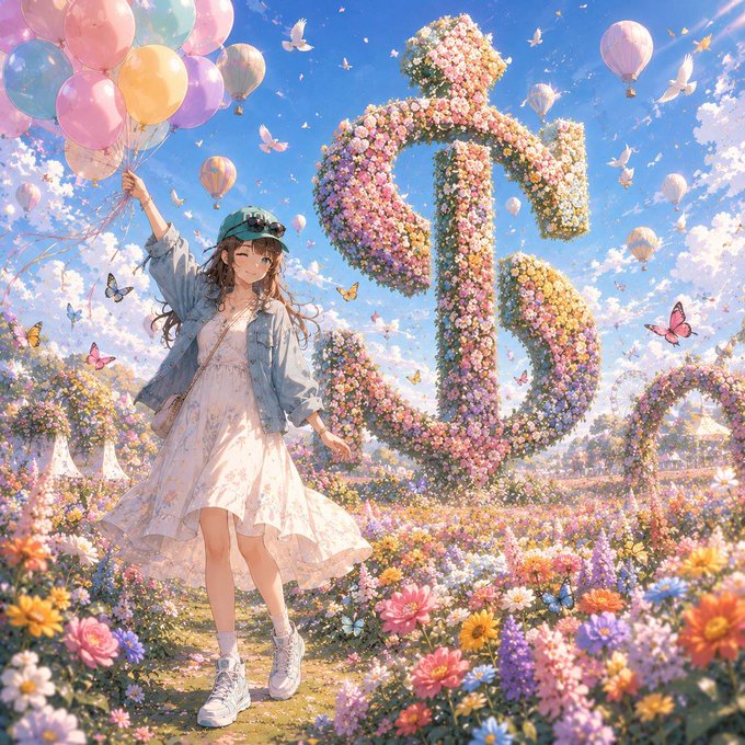 An anime-style illustration shows a girl in a denim jacket and white dress holding pastel balloons in a field of wildflowers, with a giant flower-covered treble clef sculpture and butterflies in the background.