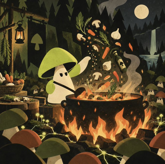 A cartoon mushroom character with a green cap stirs a bubbling cauldron over a fiery campfire in a moonlit forest, sending vegetables, herbs, and spices flying into the air. The whimsical scene visually represents the "Shroom v2" cooking concept, symbolizing the protocol upgrades and changes being prepared for the SHROOM token.