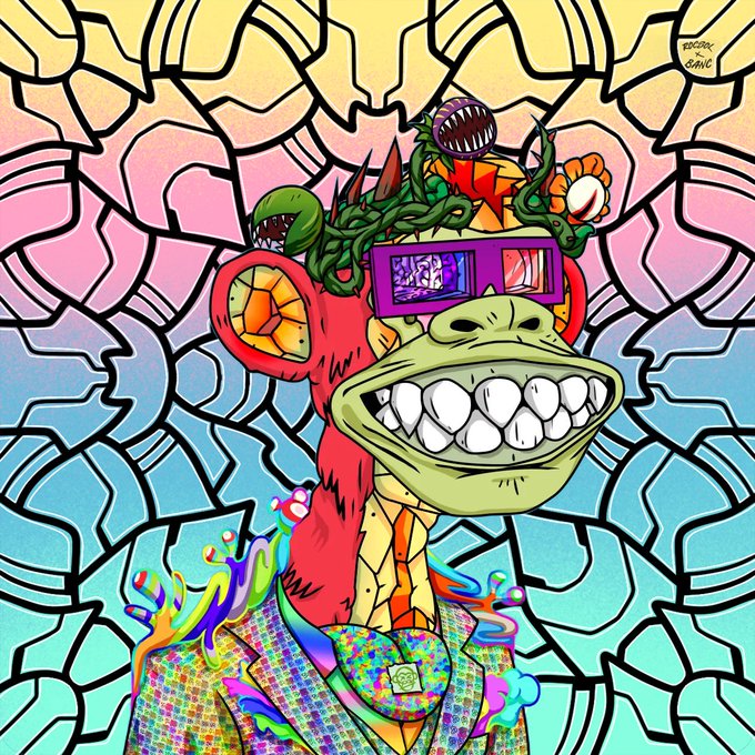 A colorful, surreal digital illustration of a creature with a large grinning mouth, wearing 3D glasses and a suit, set against a patterned pastel background. It is signed "Bebop inc. Olive" in the top right corner.