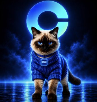 A Siamese cat wearing a blue sweater labeled 'ROMI' stands against a dramatic blue glowing background featuring a large currency-like symbol.