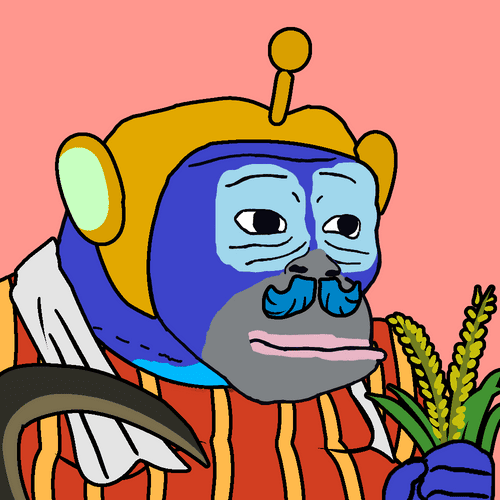 A digital illustration of a blue-skinned monkey character wearing a yellow hat and an orange striped suit, holding what appears to be wheat stalks against a pink background.