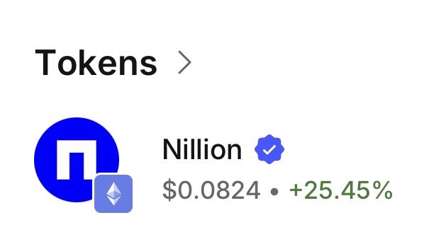 A cryptocurrency app interface showing 'Tokens' with a verified entry for 'Nillion' at $0.0824, displaying a +25.45% increase alongside a blue logo and Ethereum icon.