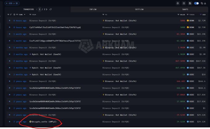 The image shows a cryptocurrency transaction tracking interface displaying transfers between Binance Hot Wallet and various deposit addresses, with amounts in USDC ranging from $1 to over $83.9 million over the past 2 years. The circled transaction at the bottom labeled "krypto_natte (WMyZ)" appears to highlight a specific withdrawal of 29,523,961 USDC ($29.52M), seemingly referenced to criticize the DAO's management of funds.