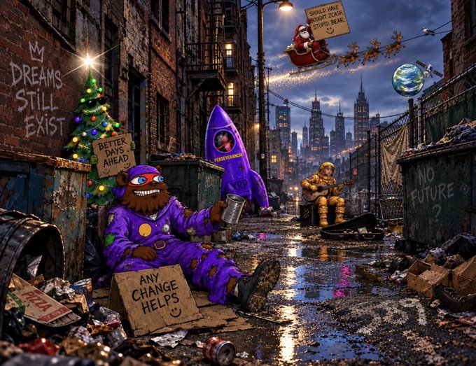 A surreal holiday-themed illustration depicting a homeless man in a purple costume in a dark alley, with Santa Claus flying over a city skyline.